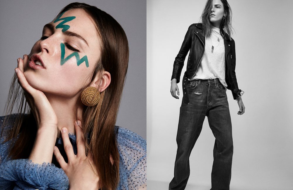 Polina Sova @ Placemodels wears Dress / Gucci Earring / Stylist’s Own Opposite Polina Sova @ Placemodels wears Jacket / Acne Studios T-Shirt / Tiger of Sweden Jeans / Gucci Necklace / Stylist’s Own