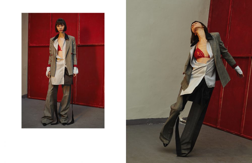 Suit / PINKO Shirt & Skirt / MMC Bra / Dramat Boots / Saint Laurent